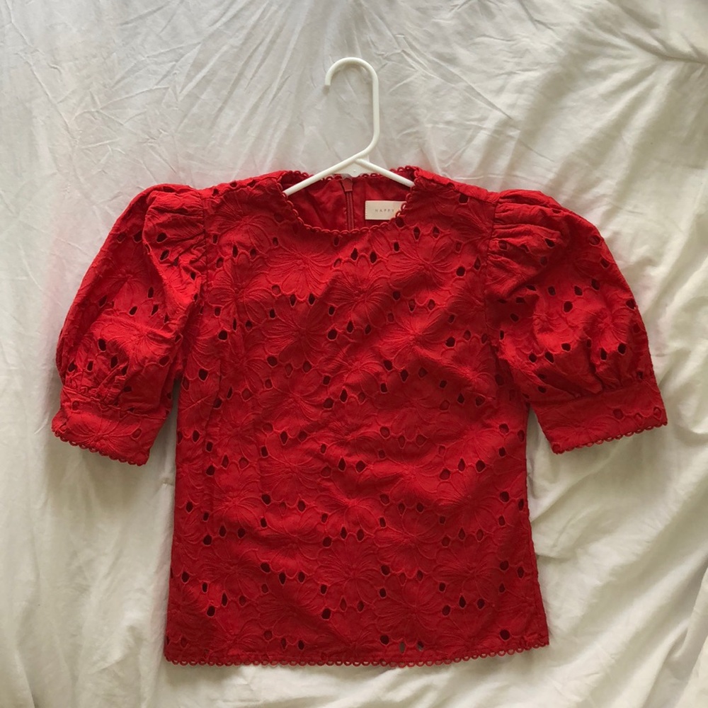 Red Eyelet Puffy Sleeved Happy X Nature Top